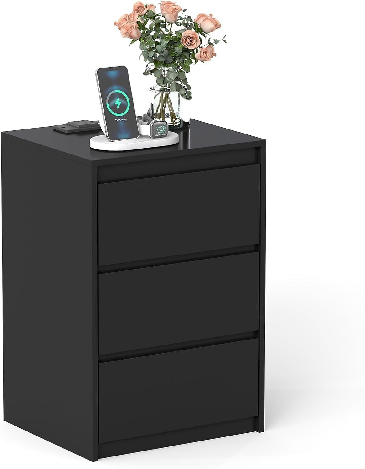 Modern Black Bedside Table with 3 Drawers & Power Station, Wooden Nightstand