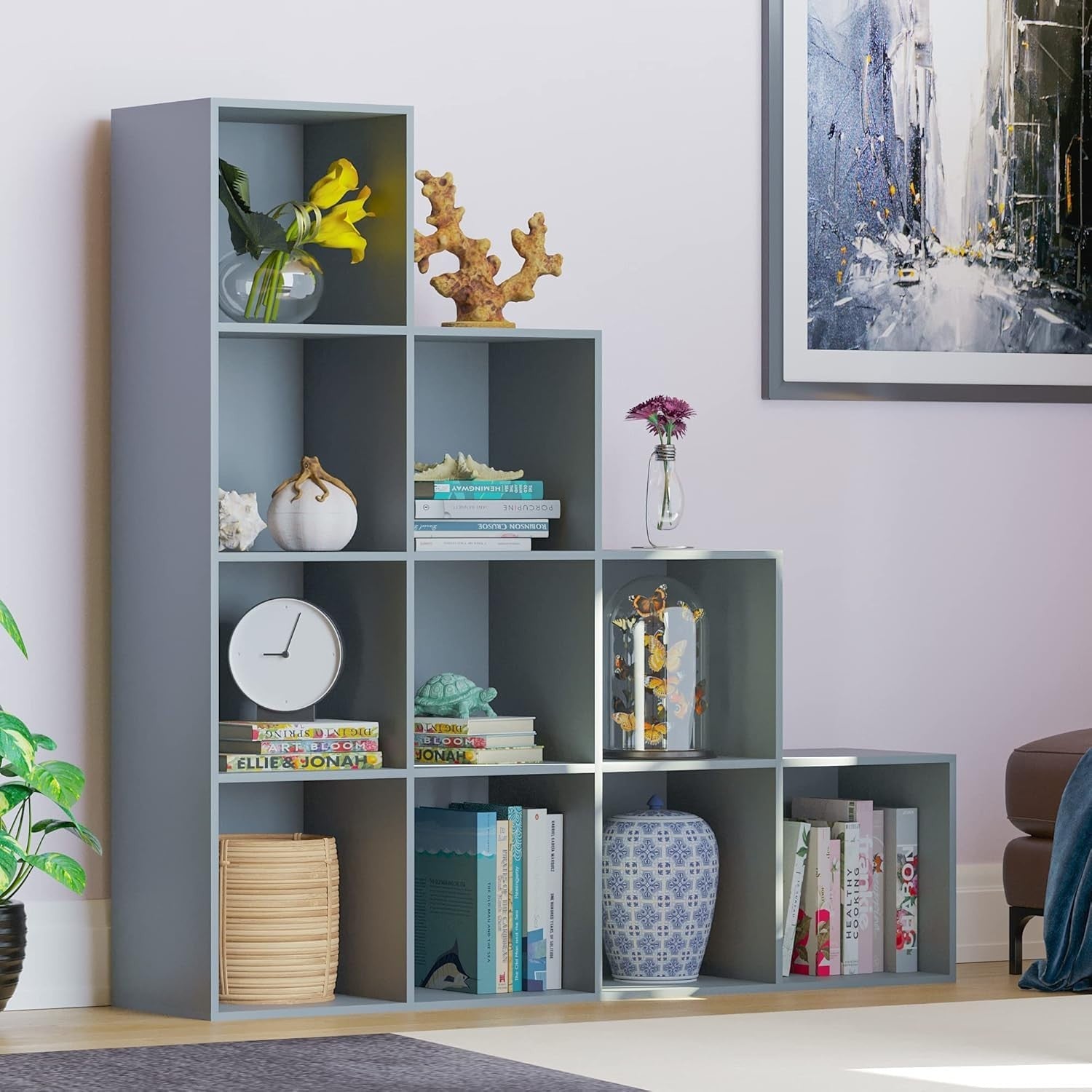 Grey 10 Cube Staircase Bookcase Shelf Unit + 5 White Storage Baskets Modern
