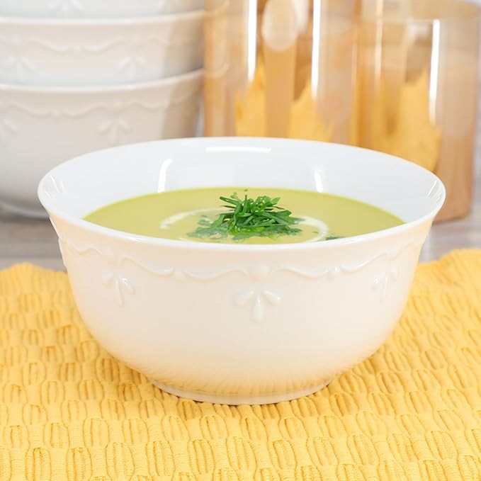 6pc White Porcelain Bowl Set 6.1in Embossed Rim Serving Bowls