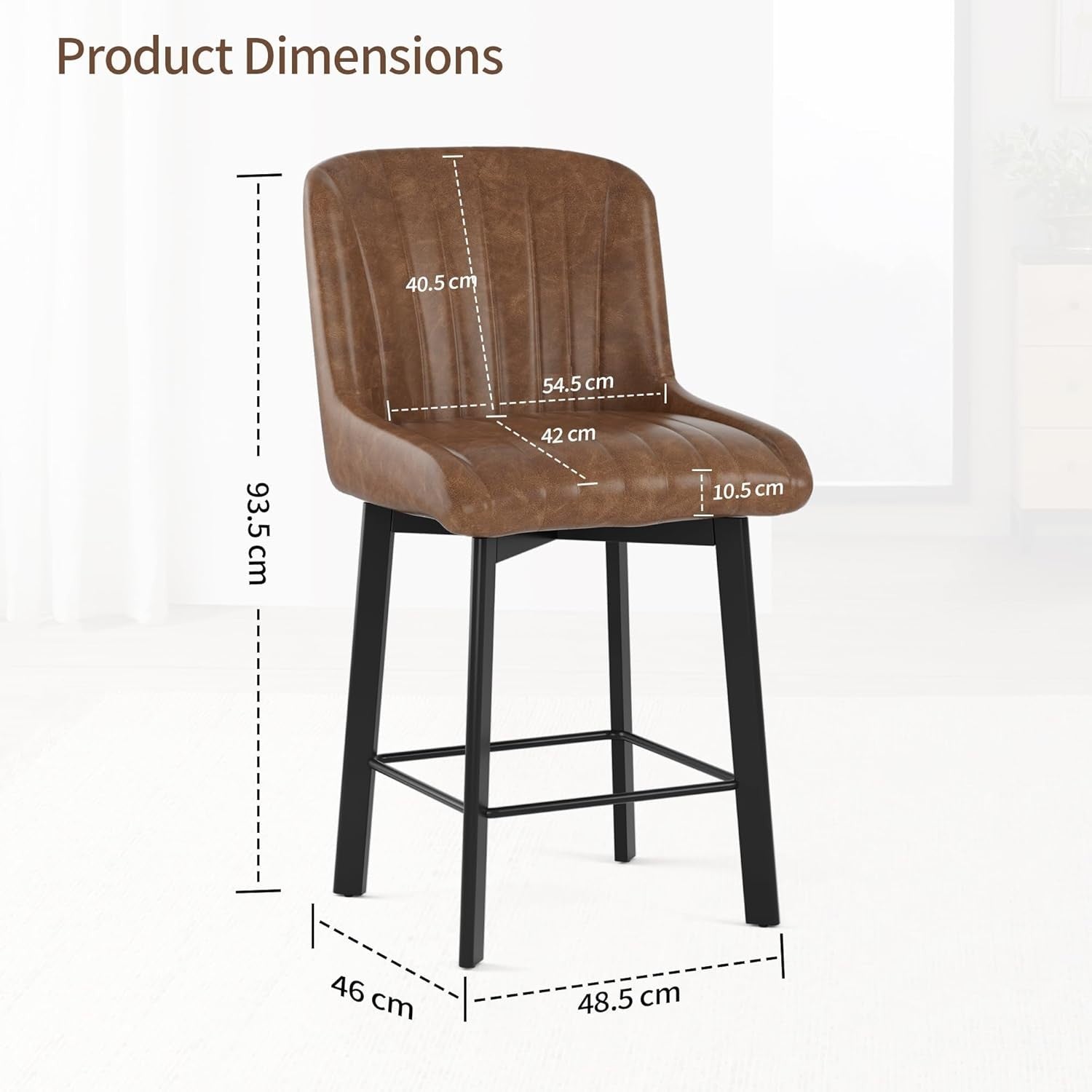 Swivel Bar Stools Set of 2 | Brown PU Leather L-Shaped Counter Chairs