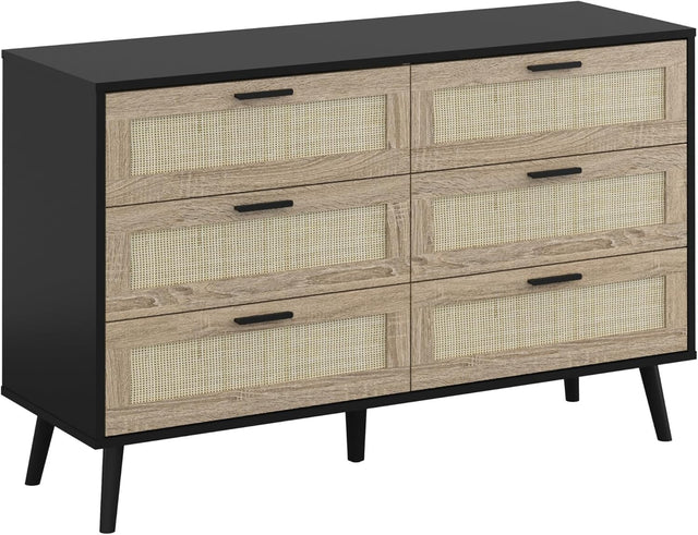 Black Rattan Chest of Drawers 6 Drawer Storage Cabinet for Bedroom