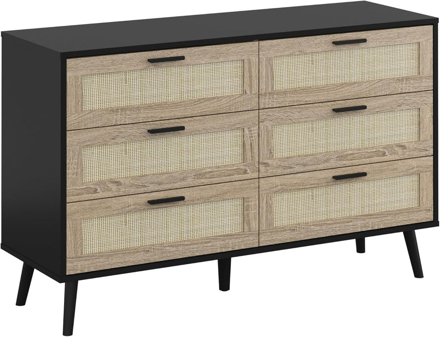 Black Rattan Chest of Drawers 6 Drawer Storage Cabinet for Bedroom