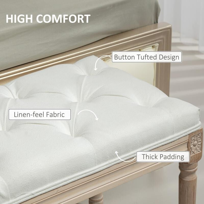 French Style End of Bed Bench Cream White Upholstered Tufted Seat 117cm