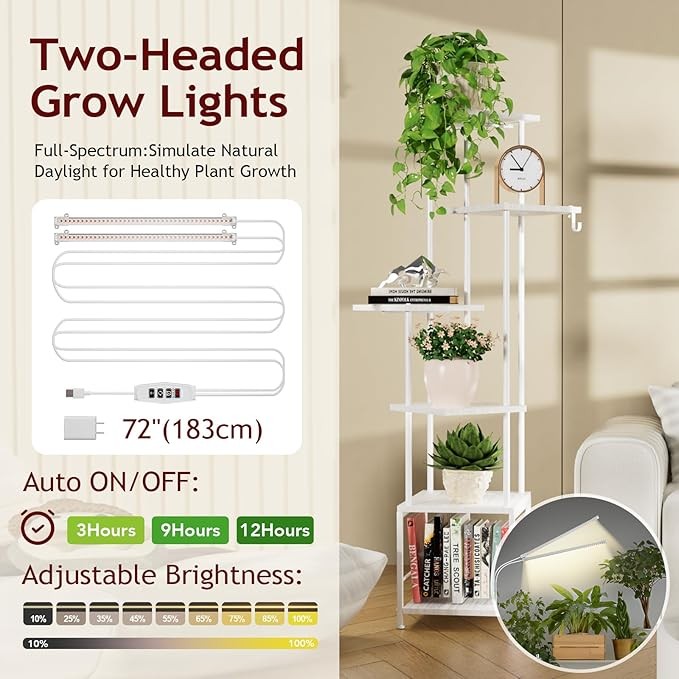 6 Tier White Metal Plant Stand with Grow Lights, Tall Indoor Flower Shelf