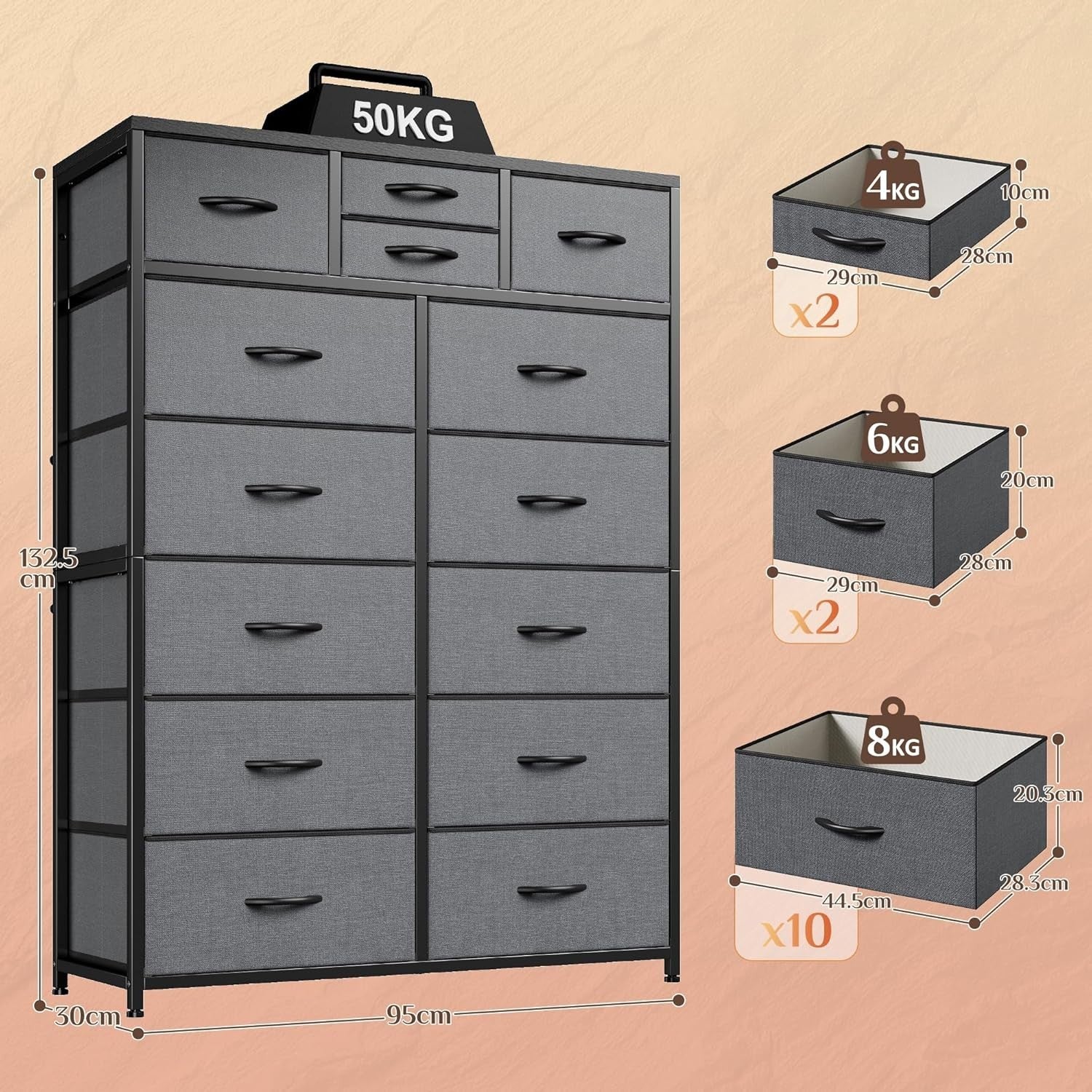 Tall Fabric Chest of 14 Drawers Storage Unit Grey, Bedroom Dresser