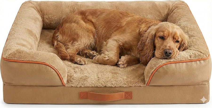 Medium Orthopedic Memory Foam Dog Bed Washable Sofa U-Shape Bolster Khaki