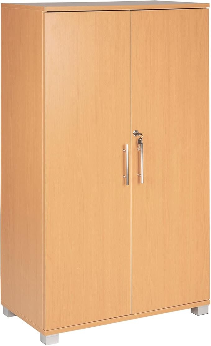 Tall Beech Wood Storage Cabinet 2 Door Lockable Cupboard for Home Office Kitchen