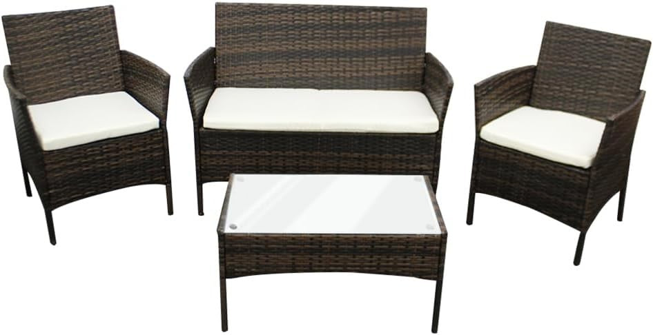 Outdoor Rattan Garden Sofa Set 4-Seater with Brown + Beige Cushions