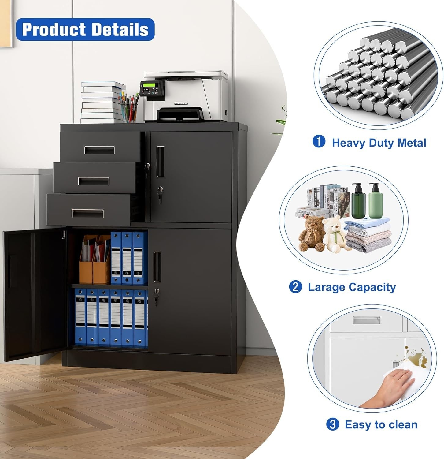 Metal Storage Cabinet with 3 Doors 3 Drawers Lockable Steel Cupboard Black
