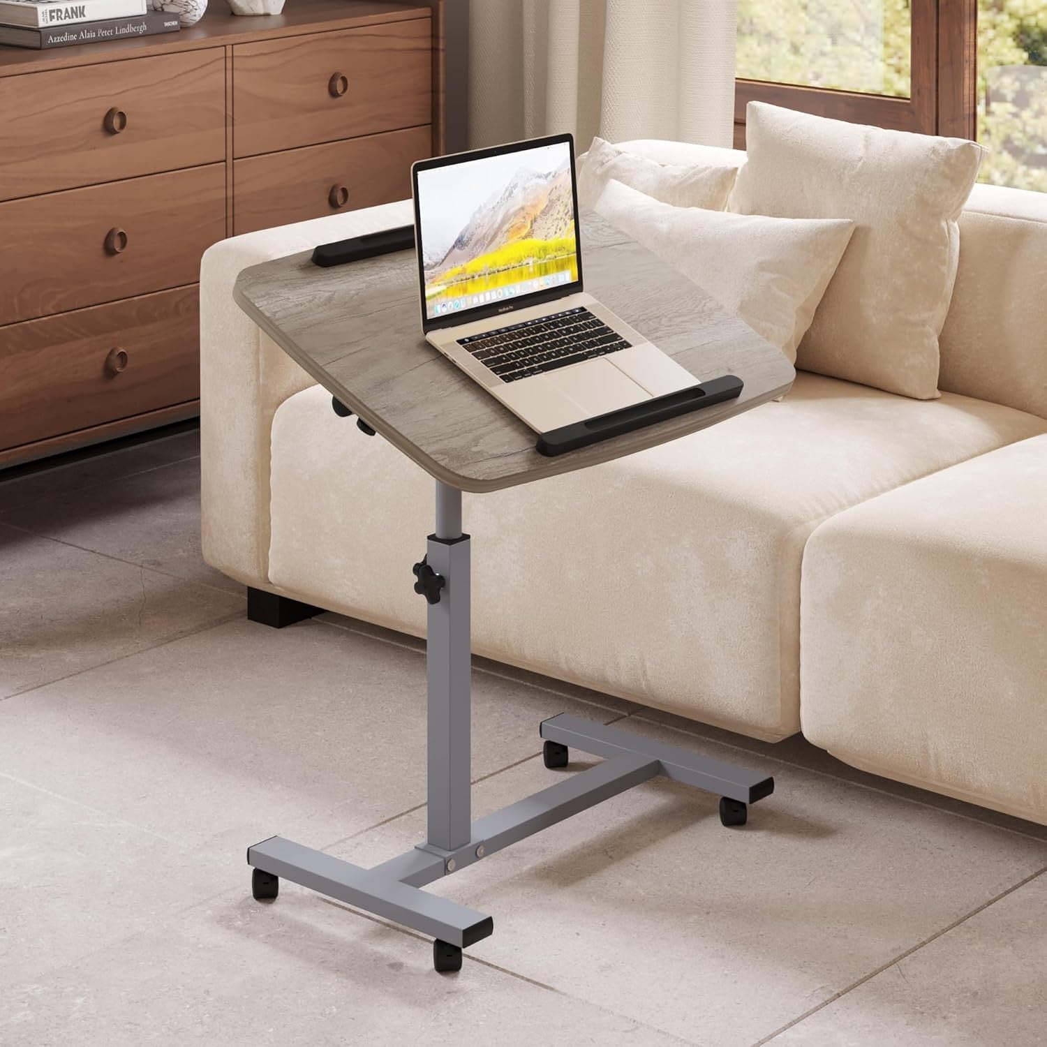 Adjustable Overbed Laptop Table on Wheels Bedside Desk Oak Grey