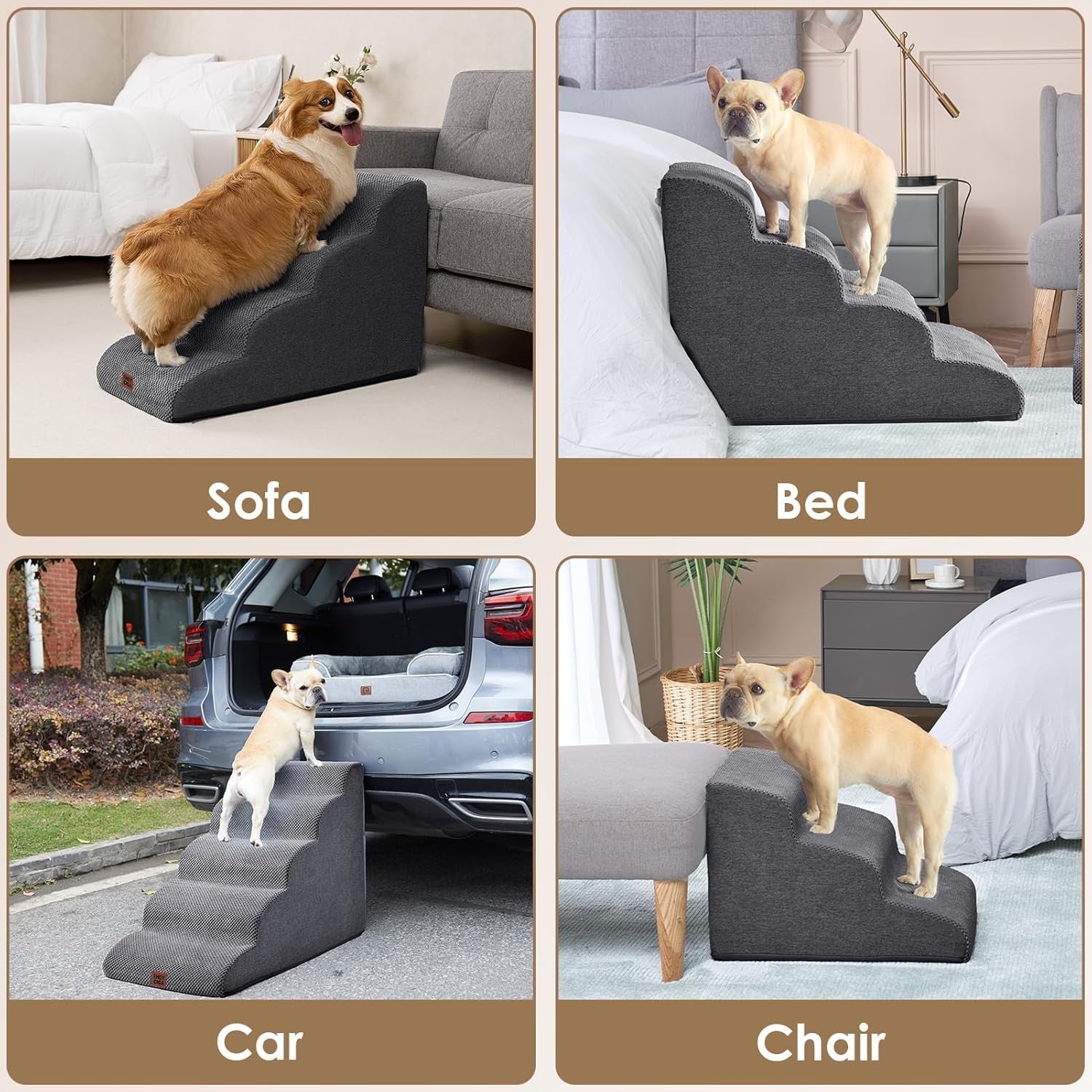 3 Step Dog Stairs for Bed Sofa Non Slip Foam Pet Steps Washable Grey