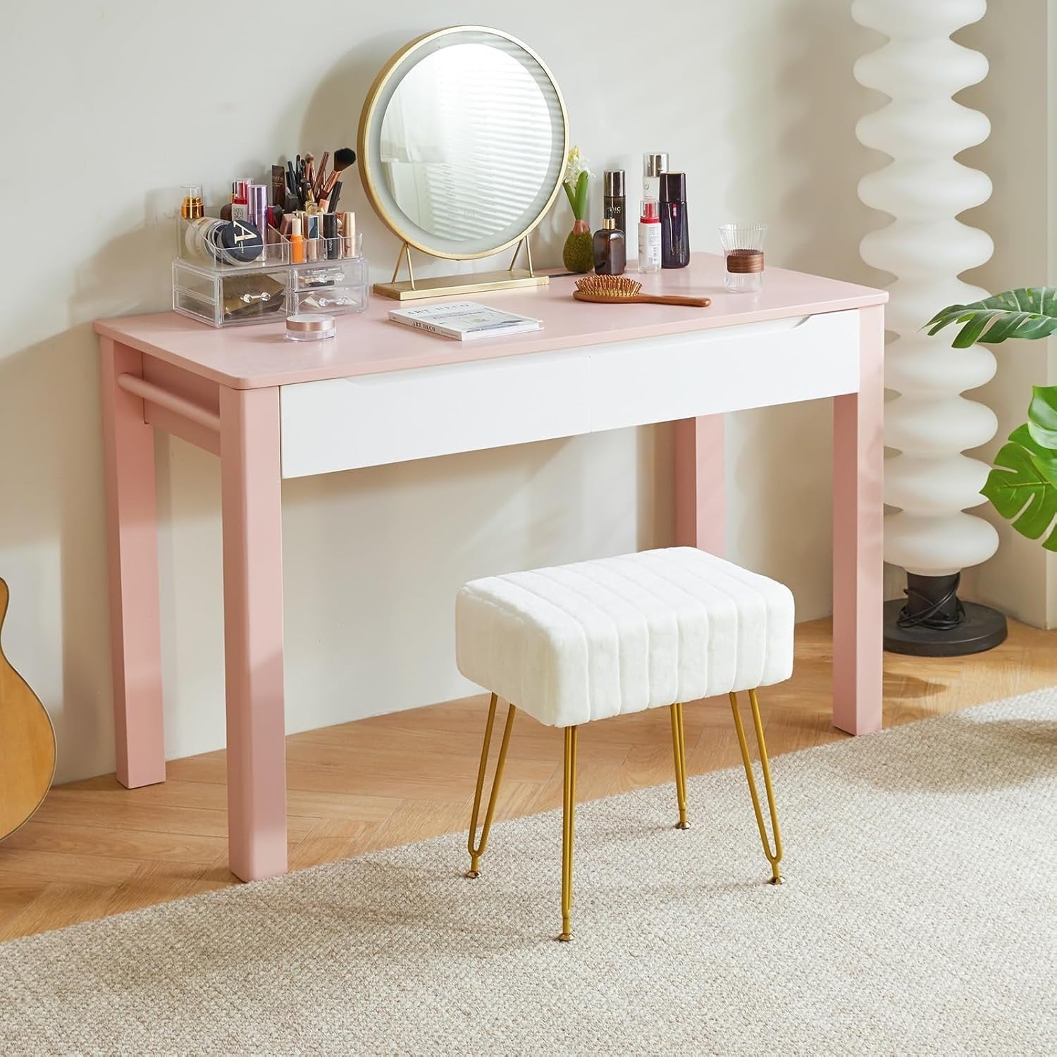 White Velvet Rectangular Footrest Ottoman – Vanity Stool with Gold Legs