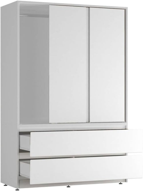White Sliding Door Wardrobe with 4 Drawers & Hanging Rail – Space Saving