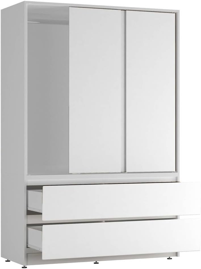 White Sliding Door Wardrobe with 4 Drawers & Hanging Rail – Space Saving