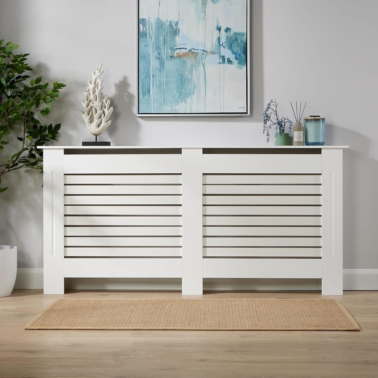 Extra Large White Radiator Cover Slatted Grill Wooden Cabinet 172x19x82cm Modern