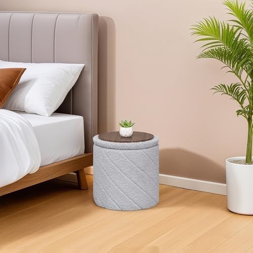 Grey Round Storage Ottoman Footstool 3-in-1 Seat with Lid 33x33x35cm