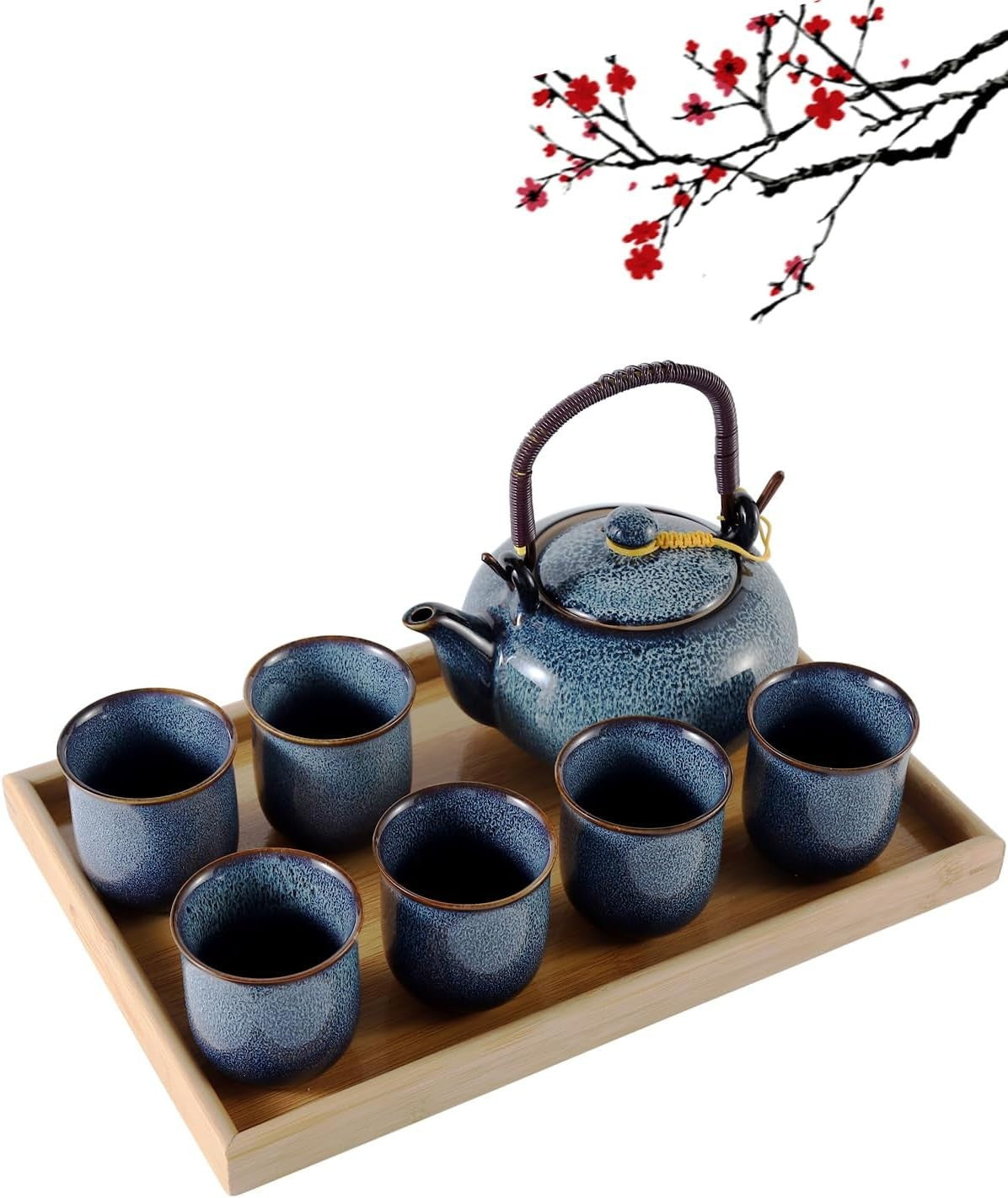 Japanese Porcelain Tea Set for 6 Blue Glaze Teapot Cups Bamboo Tray