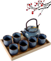 Japanese Porcelain Tea Set for 6 Blue Glaze Teapot Cups Bamboo Tray