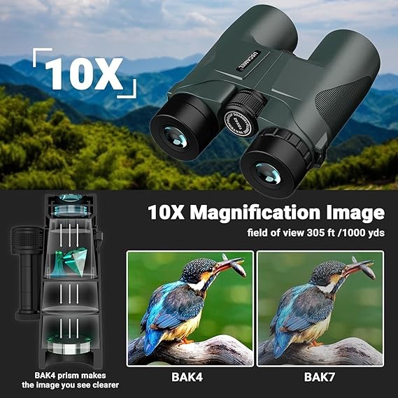 10x42 Waterproof HD Binoculars with Wide View & FMC Lens for Travel & Bird Watch