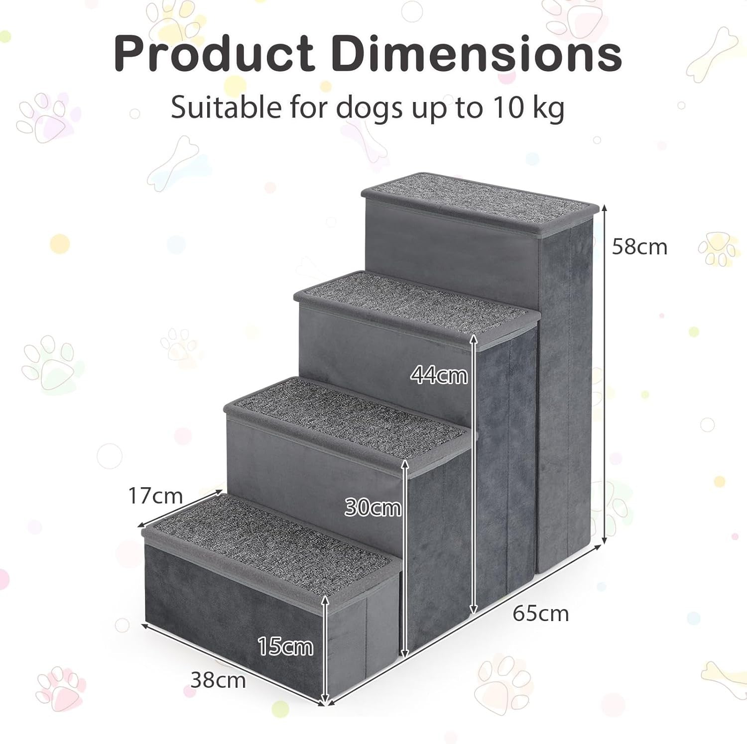 4-Step Non-Slip Dog Stairs with Storage – Grey 58 cm H