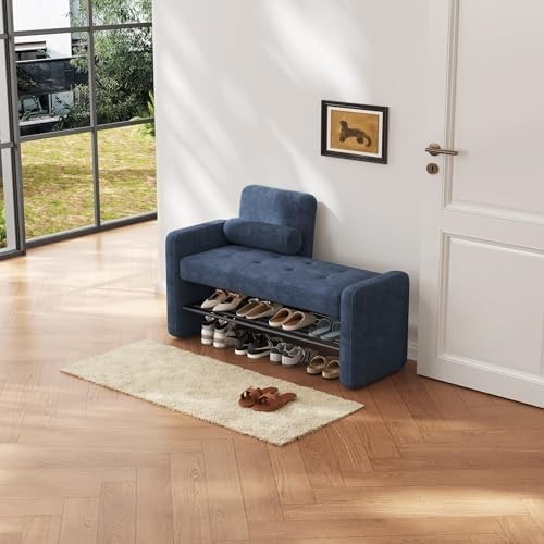 Blue Velvet Shoe Storage Bench with Backrest – Modern Hallway Seat & Rack