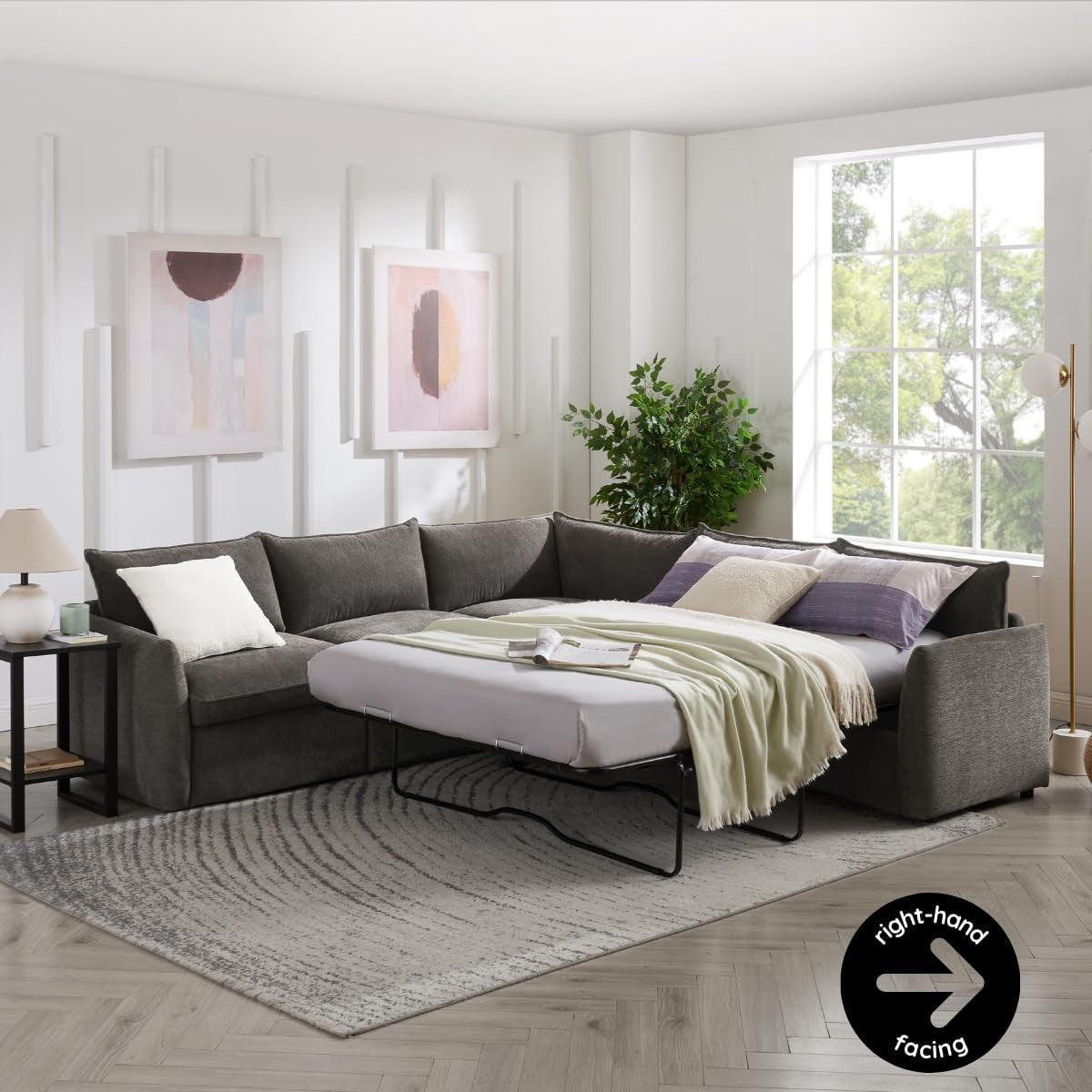 Grey Linen 5 Seater L-Shape Sofa Bed – Pull-Out Sleeper, Metal Frame, Modern