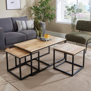 3pc Nesting Coffee Tables Set Mango Wood Metal Frame Modern Industrial Flair