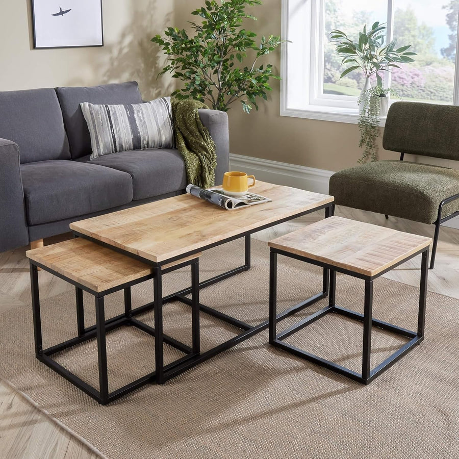 3pc Nesting Coffee Tables Set Mango Wood Metal Frame Modern Industrial Flair