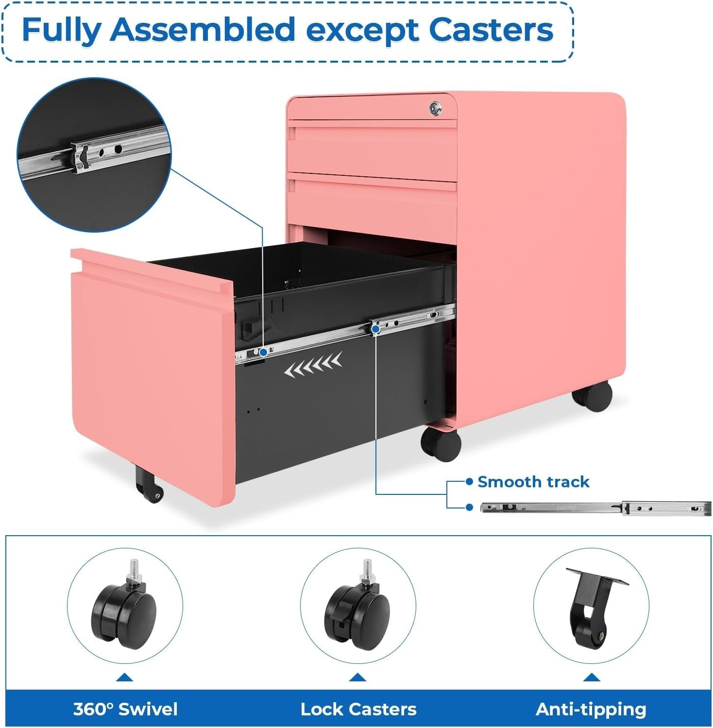 Pink Lockable Metal Filing Cabinet 3 Drawer A4 Anti Tilt on Wheels
