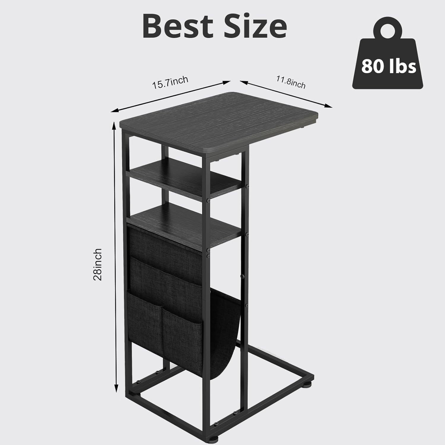 Black C-Shaped End Table 3-Tier Slim Side Table with Storage Bag for Sofa