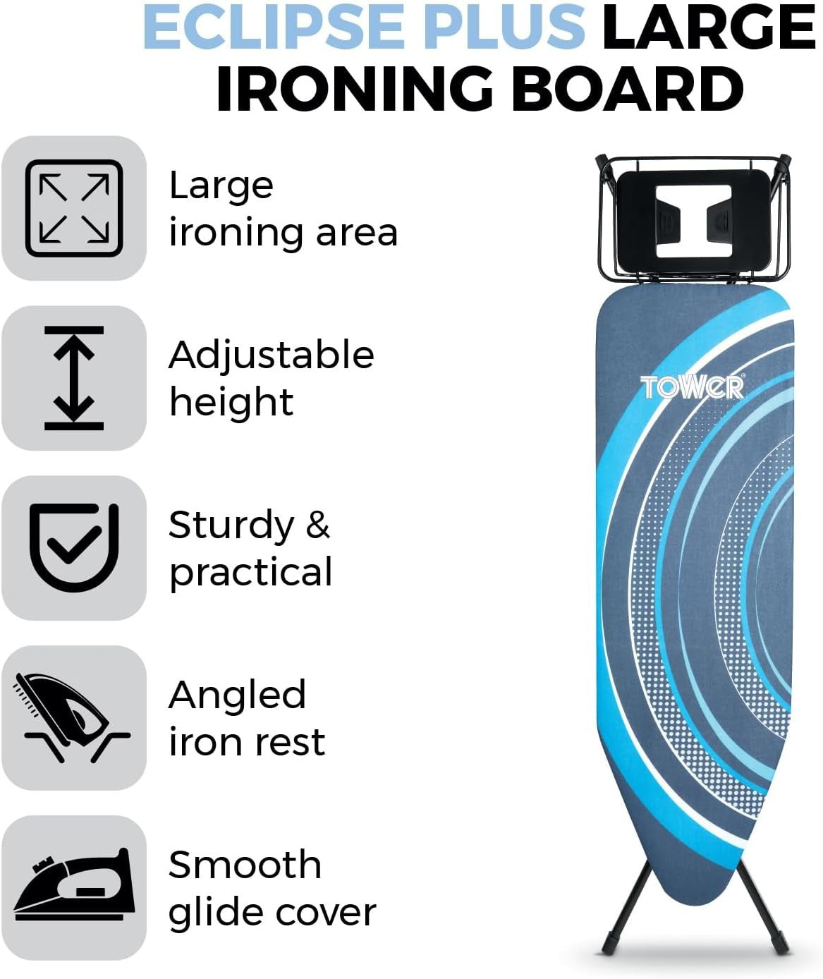 Large Ironing Board Adjustable Height Smooth Glide Cover Non Slip Feet