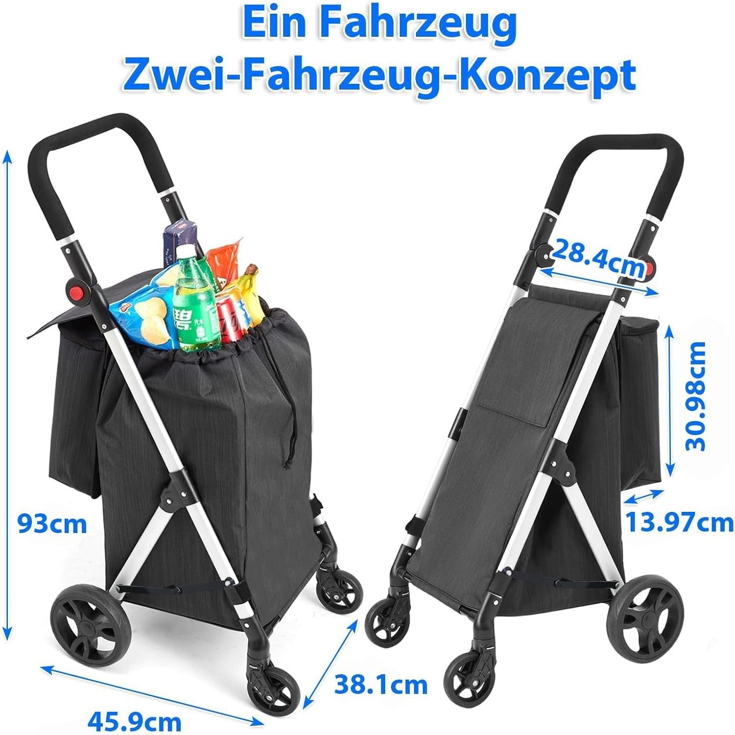 46L Folding Shopping Cart Trolley Insulated Cooler Bag Aluminum Black
