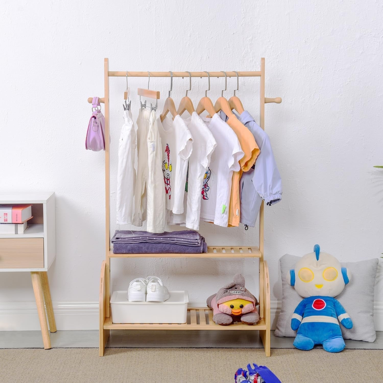 Kids Bamboo Clothing Rack with Adjustable Rods , Free-Standing Wardrobe