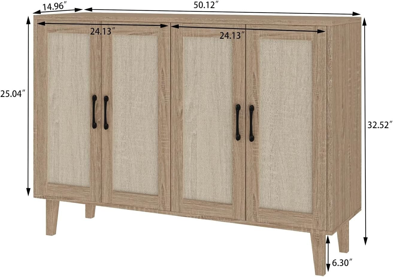 Natural Wood Buffet Storage Cabinet with Rattan Doors Adjustable Shelves