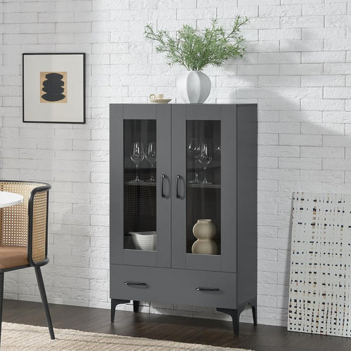 115cm Dark Grey Display Cabinet | 2 Glass Doors & 1 Drawer
