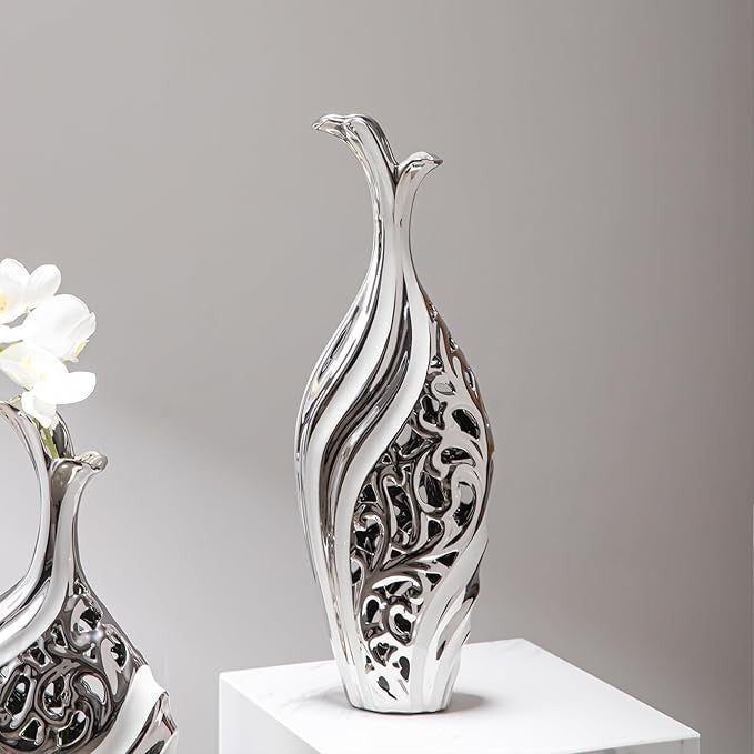 Tall Silver Ceramic Floor Vase 50cm Modern Luxury Pampas Grass Decor