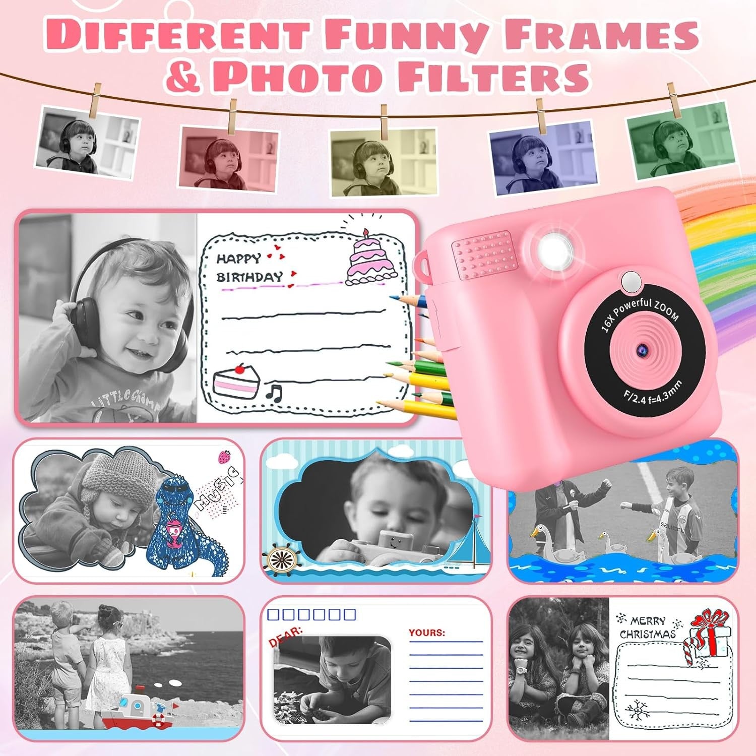 Kids Instant Print Camera Pink 1080P HD Toy Camera Gift for Girls 3–10 Years