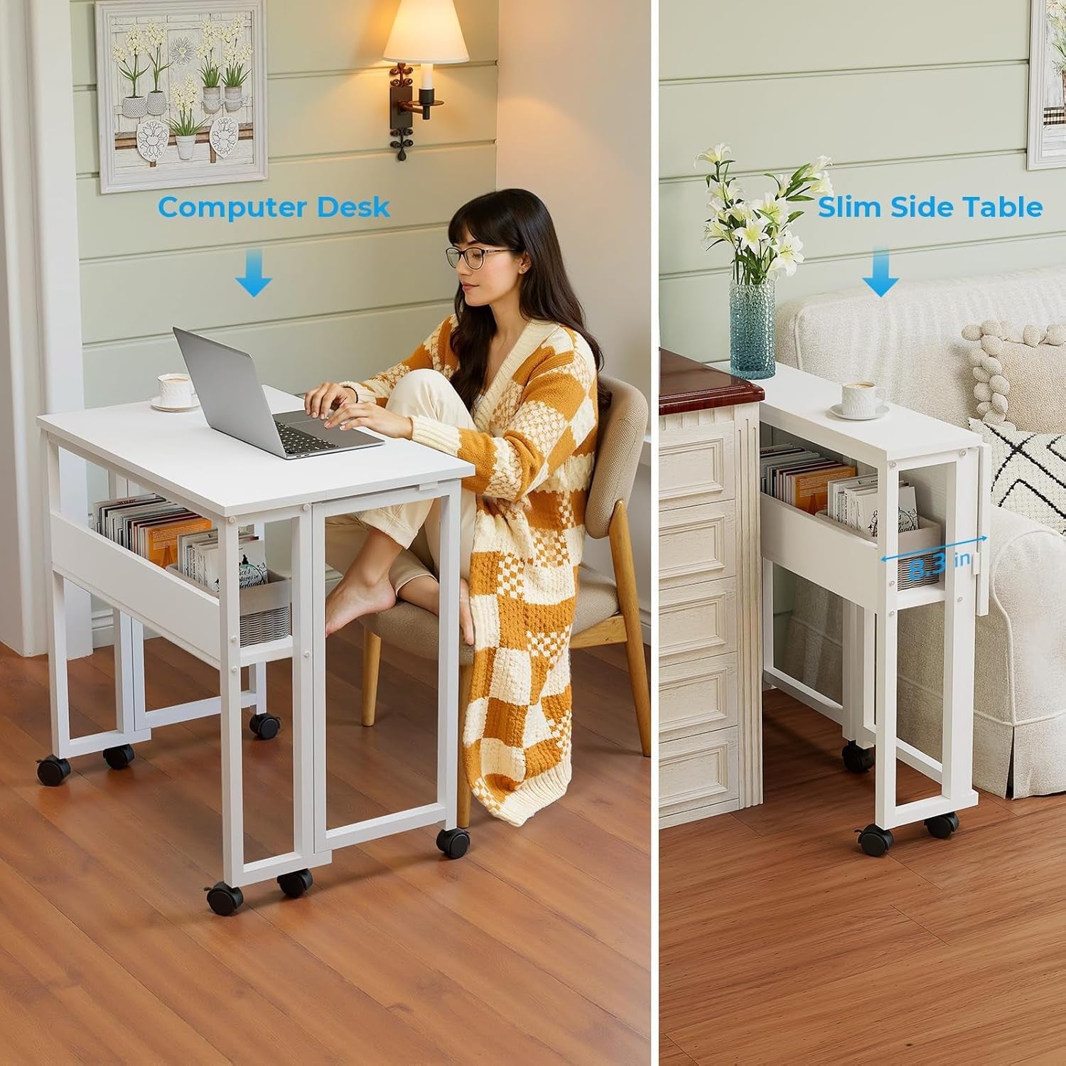 Folding Computer Desk on Wheels with Storage Shelf Space Saving White 63cm