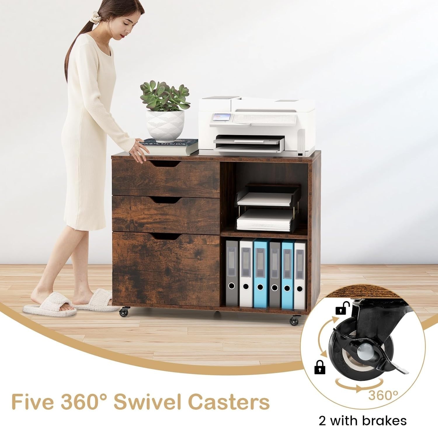 Brown Lateral Mobile Filing Cabinet 3 Drawer A4 Letter Printer