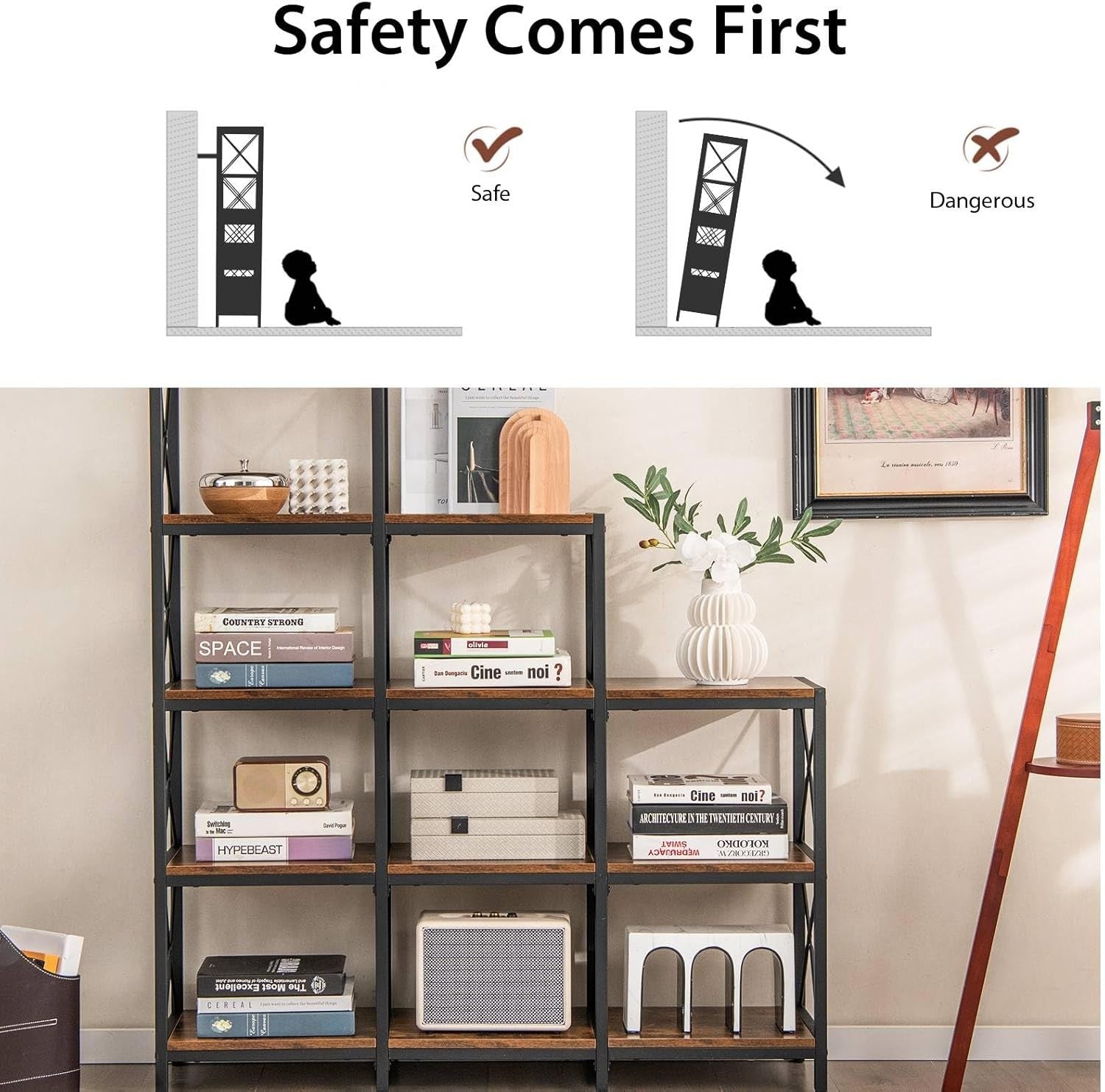 Industrial 4-Tier Bookshelf Storage Rack Rustic Wood Shelving Unit Home Office