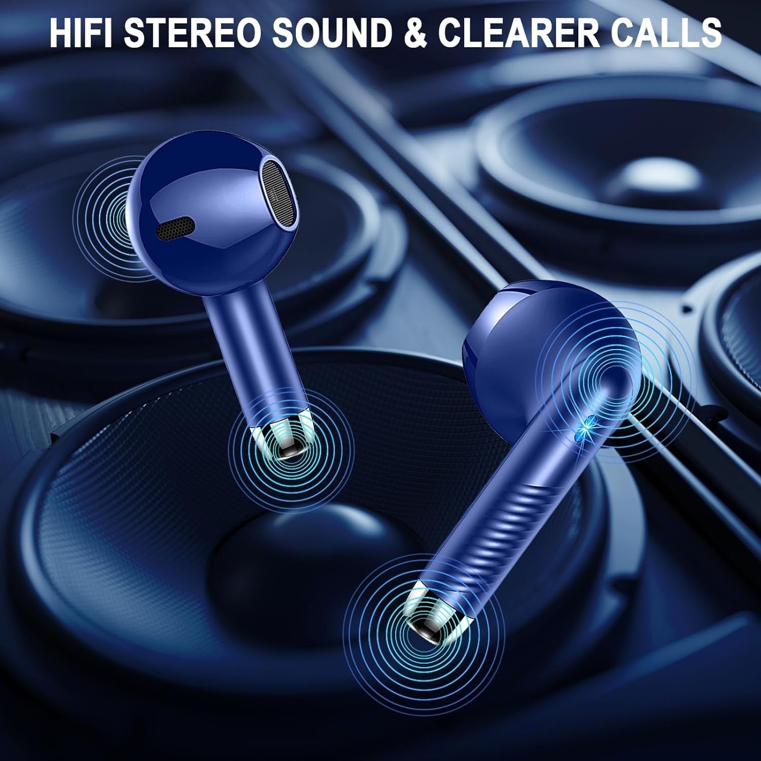 Bluetooth 5.4 Earbuds Blue ENC Noise Cancel Mic 40H LED Touch IP7