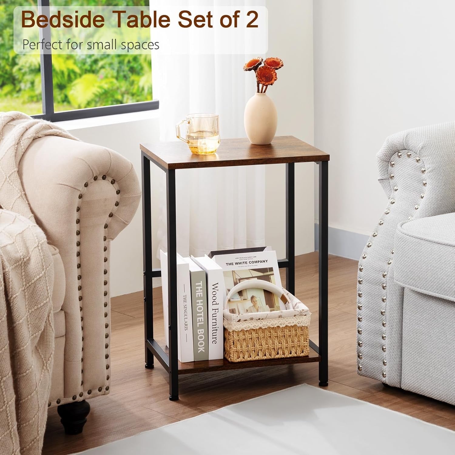 Set of 2 Rustic Brown Side Tables with Storage Shelf Small Industrial Bed Sofa T
