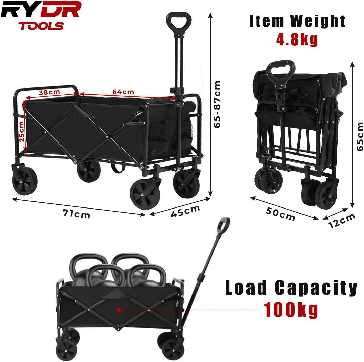70L Folding Festival Trolley Lightweight Camping Garden Wagon 100kg Load Black