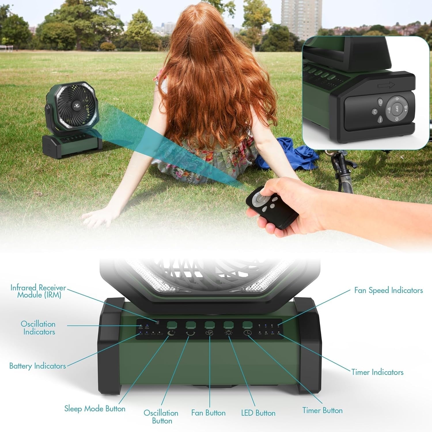 20000mAh Camping Fan – LED Desk Fan w/ Remote, Hook & Rechargeable Battery Green