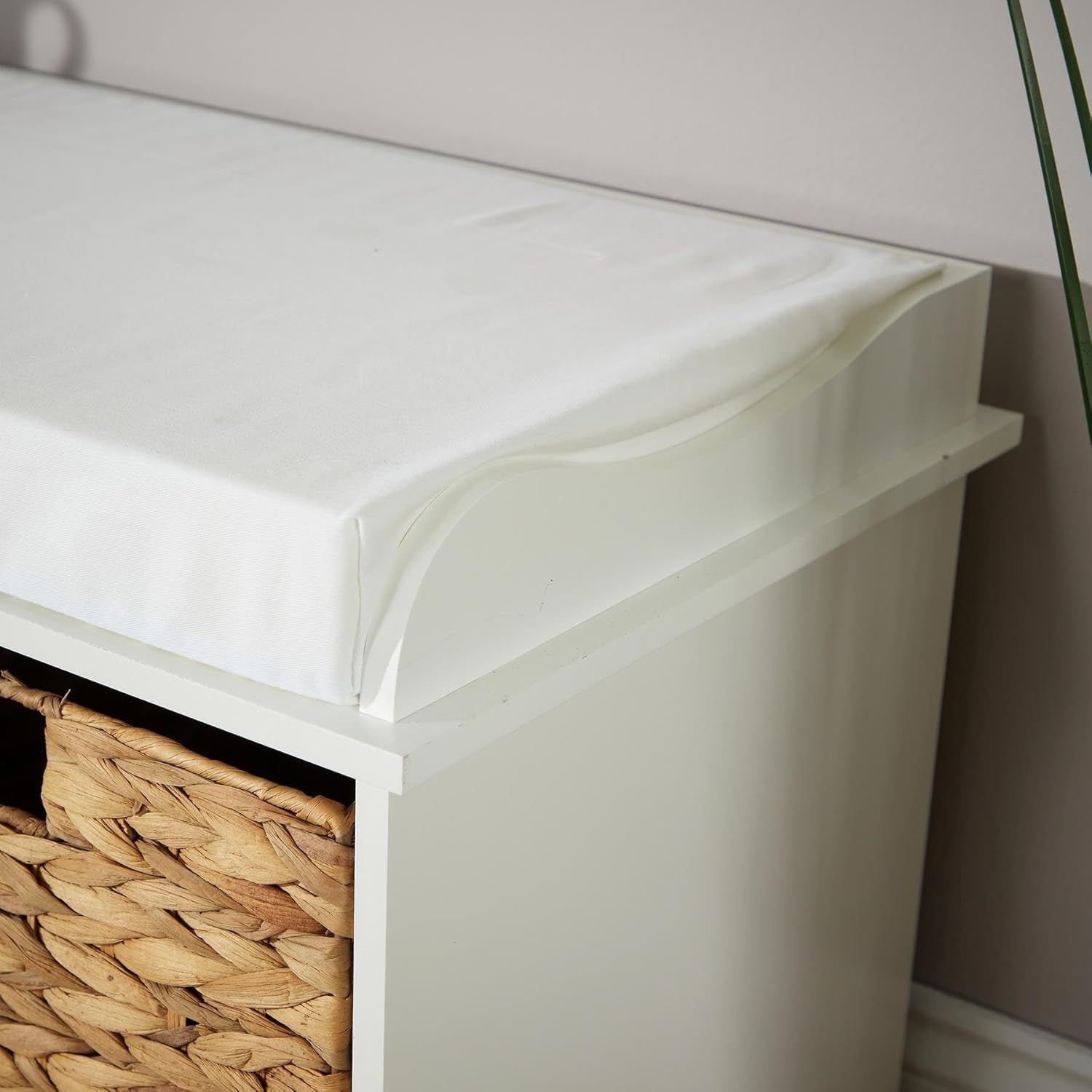 White Shoe Bench with Cushion & 3 Basket Drawers Hallway Storage 110x40x46cm