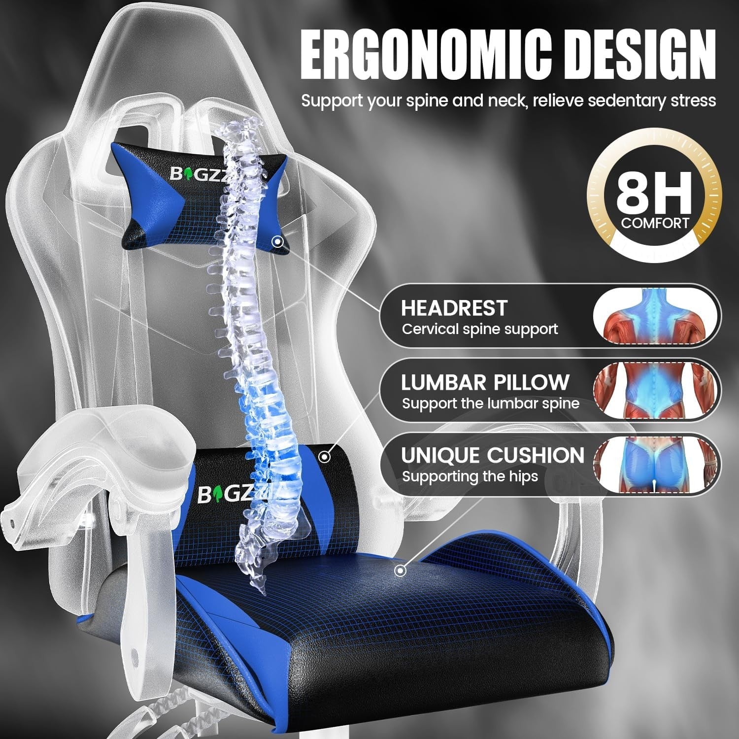 Ergonomic Gaming Chair PU Leather Office Chair w/ Pillow