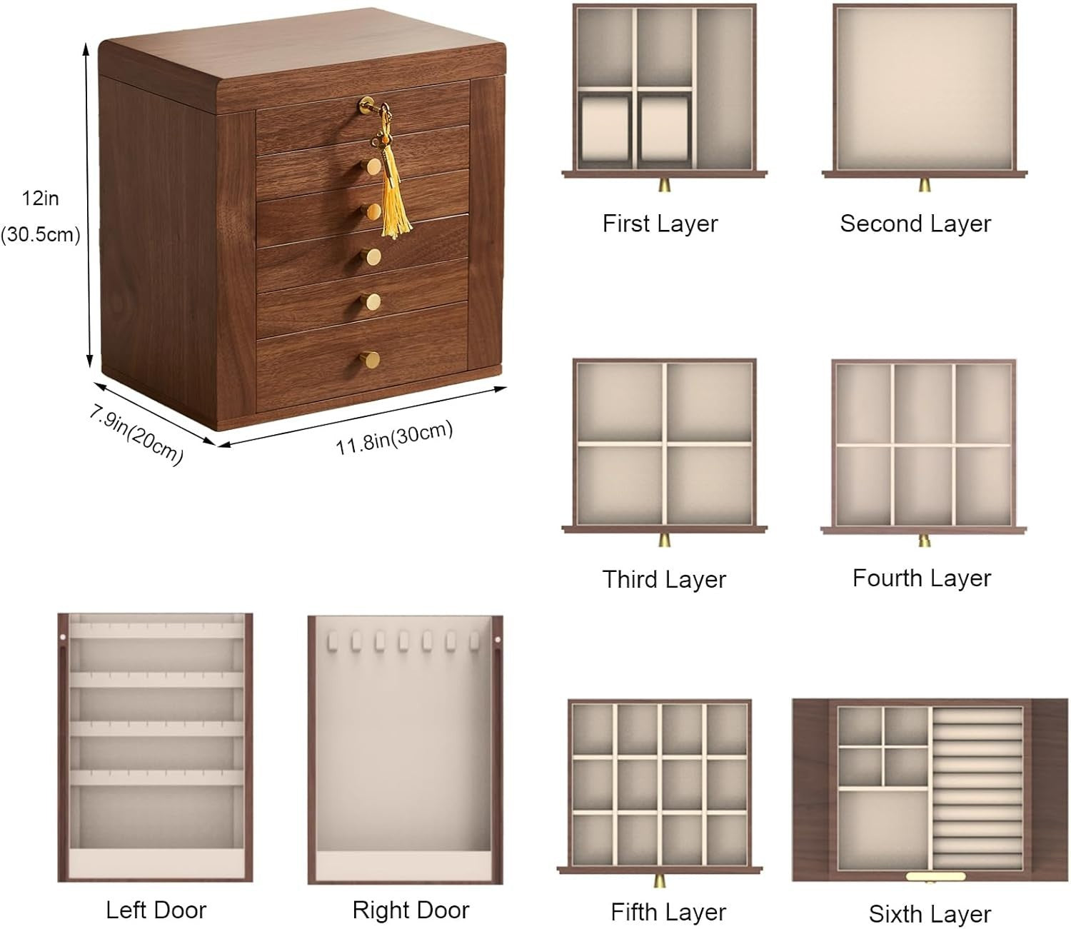 Walnut Wooden Jewelry Organizer Box Lockable Mirror 6 Layer Storage