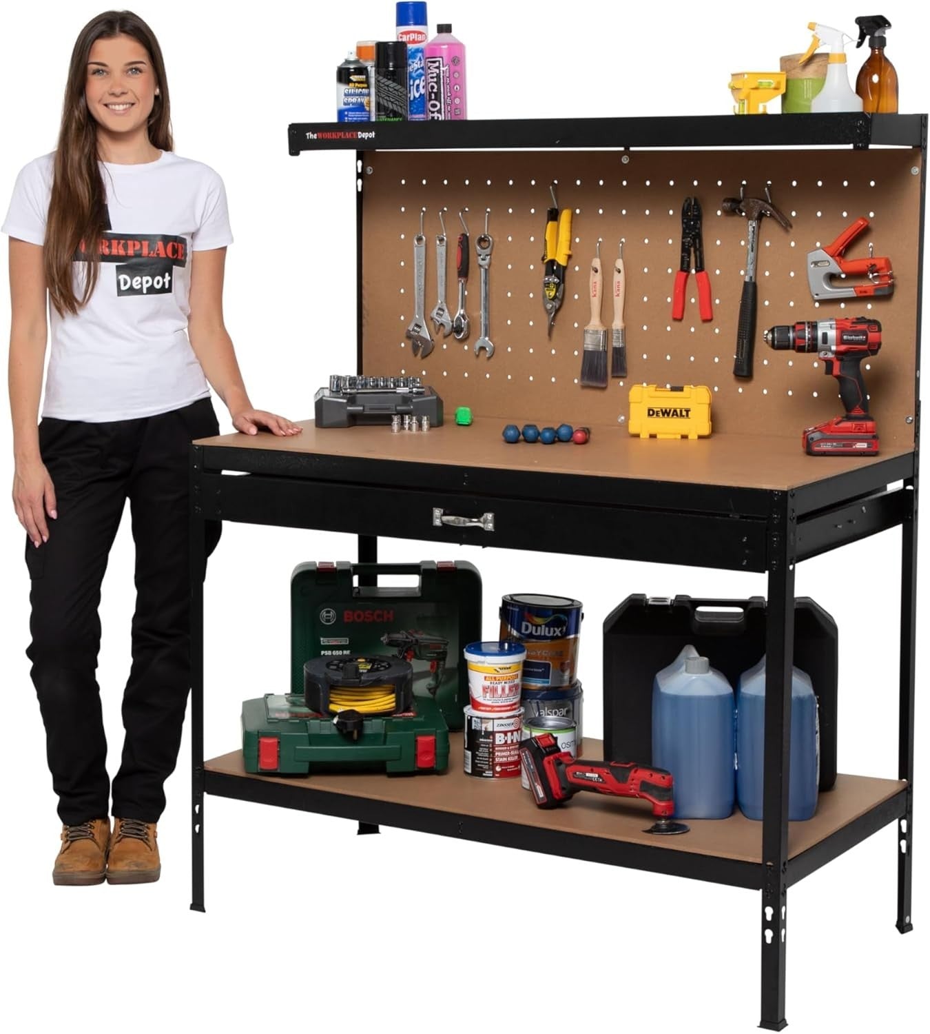 Heavy Duty Workshop Tool Bench Steel Frame Drawer Pegboard Shelves 230kg