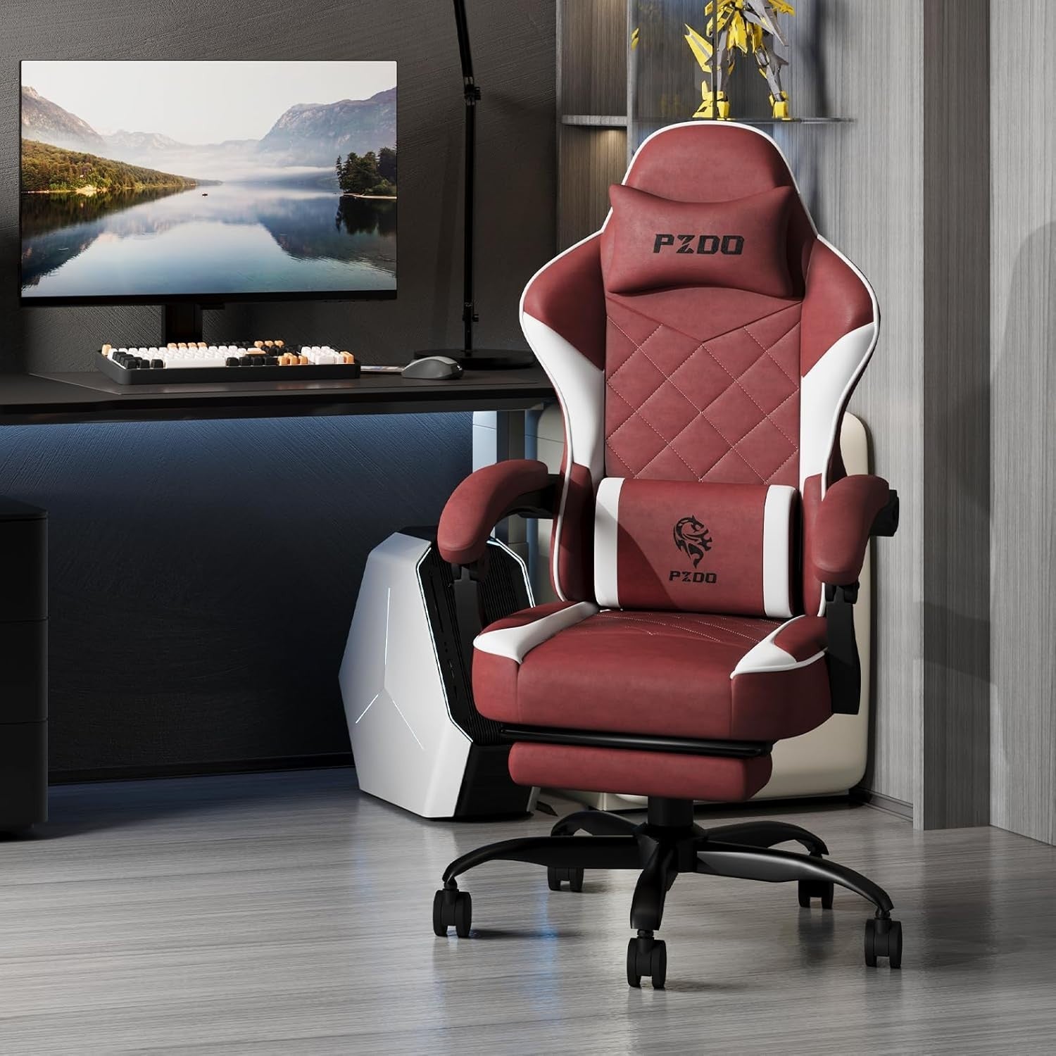 Ergonomic Red Gaming Chair Recliner w/Footrest, Memory Foam Seat, Adjustable Hei