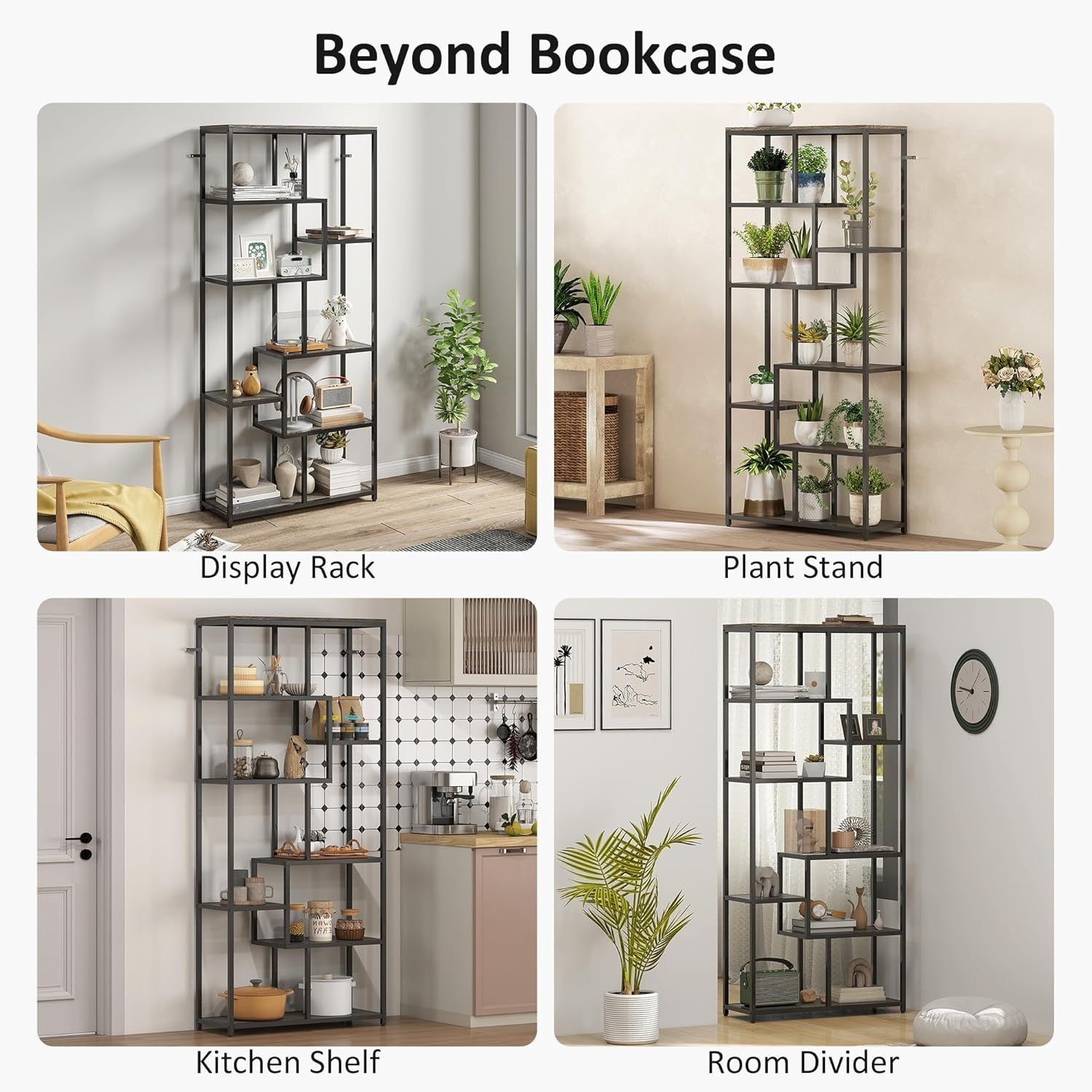 7-Tier Industrial Bookcase | Grey & Black Geometric Shelf Unit for Home & Office